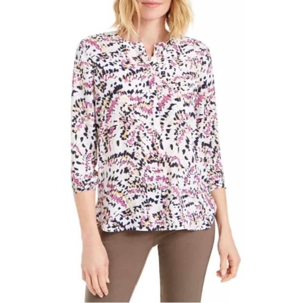 JM Collection‎ Blouse Top Large Women's Artistic Print Pleated-Back NEW